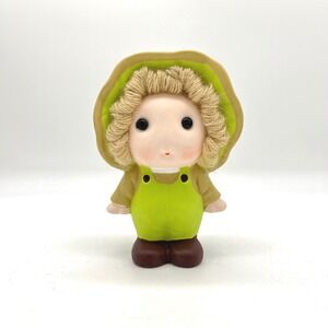 Vintage Chalkware Piggy Bank Child Girl Green Overalls Bonnet Flower Hair